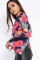 Navy Floral Print Asymmetrical Sleeve Crop Top - Clarinda