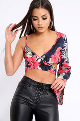 Navy Floral Print Asymmetrical Sleeve Crop Top - Clarinda