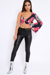 Navy Floral Print Asymmetrical Sleeve Crop Top - Clarinda