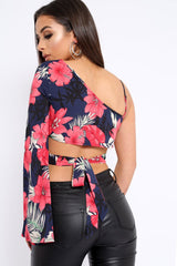 Navy Floral Print Asymmetrical Sleeve Crop Top - Clarinda