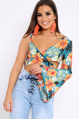 Green Floral Print Asymmetrical Sleeve Crop Top - Clarinda