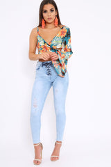 Green Floral Print Asymmetrical Sleeve Crop Top - Clarinda