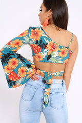 Green Floral Print Asymmetrical Sleeve Crop Top - Clarinda