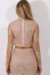 Nude Pink & Gold Embellished Crop Top - Clarita