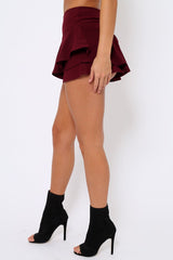 Burgundy Frill High Waisted Shorts - Claudelle