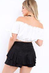 Black Suedette Frill High Waisted Shorts - Claudelle