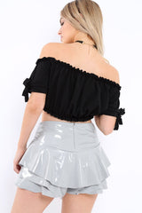 Grey PU Leather Frill High Waisted Shorts - Claudelle