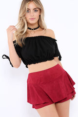 Wine Suedette Frill High Waisted Shorts - Claudelle