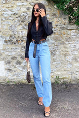 Black Corset Detail Plunge Blouse - Poppy