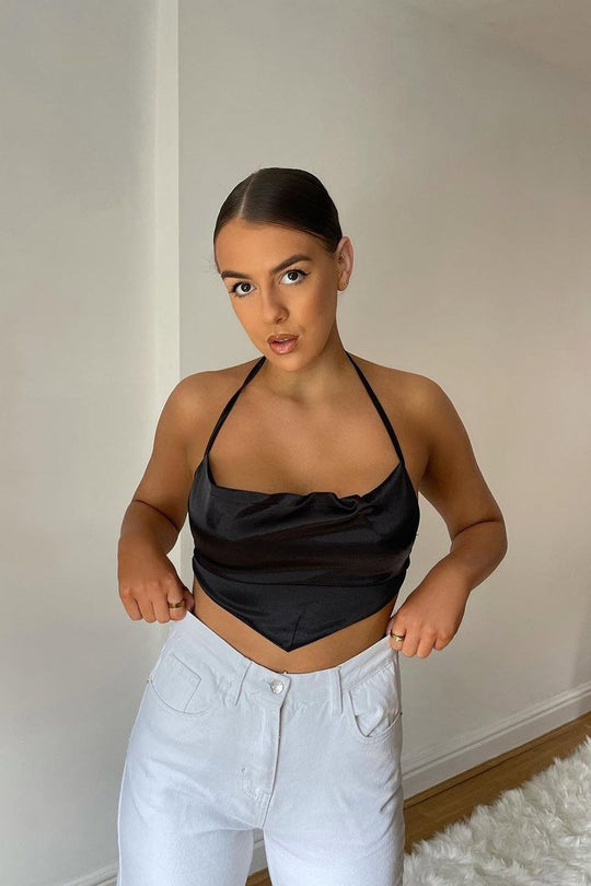Black Satin Bandana Halter Crop Top - Talisa