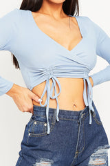 Blue Ribbed Plunge Neckline Crop Top - Kaile