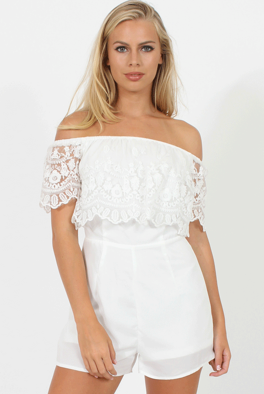White Lace Bardot Playsuit - Clover