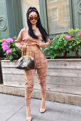 Beige Check Short Sleeve Top and Jogger Set - Aimy