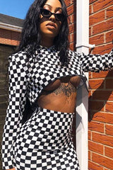 Checker Board Print Hooded Crop Top and Skirt Co - ord - Braelyn