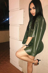 Khaki Faux Leather Contrast Stitch Trucker Jacket- Laianna