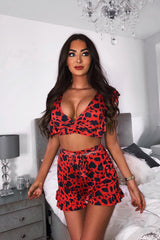 Red Leopard Print Ruffle Crop Top And Shorts Co-Ord - Liylah