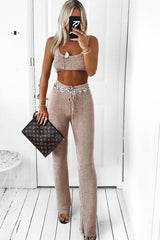 Rose Gold Knitted Metallic Tie Waist Flared Trousers - Davlynn