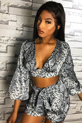 Grey Snake Blouse and Paper Bag Shorts Co-Ord - Jasly