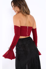 Wine Bardot Frill Bell Sleeve Crop Top - Cobie