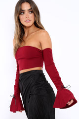 Wine Bardot Frill Bell Sleeve Crop Top - Cobie