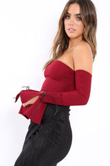 Wine Bardot Frill Bell Sleeve Crop Top - Cobie