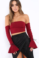 Wine Bardot Frill Bell Sleeve Crop Top - Cobie