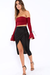 Wine Bardot Frill Bell Sleeve Crop Top - Cobie