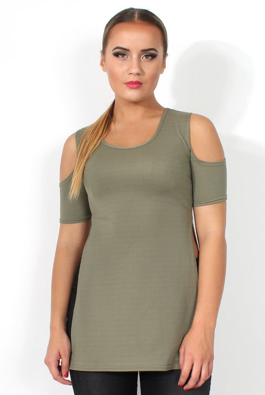 Nieve Khaki Cut Out Shoulder Side Split Top
