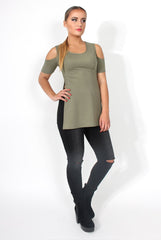 Nieve Khaki Cut Out Shoulder Side Split Top