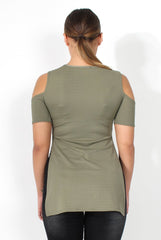 Nieve Khaki Cut Out Shoulder Side Split Top