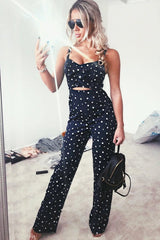 Navy Polka Dot Tie Front Cut Out Jumpsuit - Callen