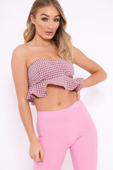 Pink Check Frill Bandeau Crop Top - Colton