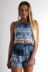 Connie Blue Elephant Print Tassel Crop Top
