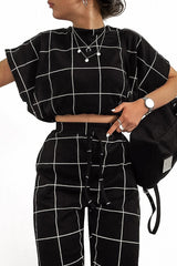 Black Check Short Sleeve Top and Jogger Set - Aimy