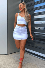 White Contrast Stitch Bralet + Skirt Denim Co-ord - Divina