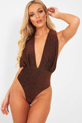 Copper Black Plunge Cross Back Bodysuit - Jolina