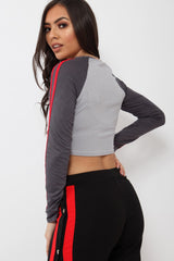 Grey Rules Contrast Sleeves Crop Top - Cora
