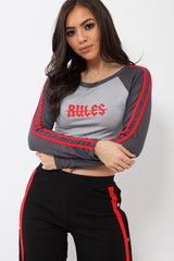 Grey Rules Contrast Sleeves Crop Top - Cora