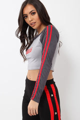 Grey Rules Contrast Sleeves Crop Top - Cora