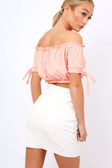 Coral Ruched Bardot Gypsy Crop Top - Janette