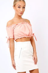 Coral Ruched Bardot Gypsy Crop Top - Janette
