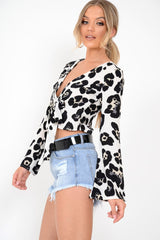White Leopard Flare Sleeve Tie Crop Blouse - Coralie