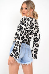 White Leopard Flare Sleeve Tie Crop Blouse - Coralie