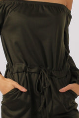 Khaki Bardot Split Knee Jumpsuit - Coran