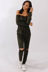 Khaki Bardot Split Knee Jumpsuit - Coran