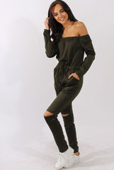 Khaki Bardot Split Knee Jumpsuit - Coran