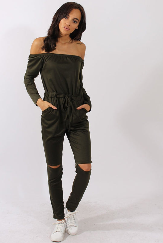 Khaki Bardot Split Knee Jumpsuit - Coran