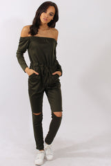Khaki Bardot Split Knee Jumpsuit - Coran
