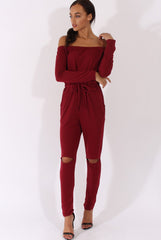 Wine Bardot Split Knee Jumpsuit - Coran