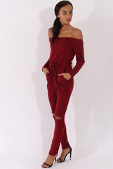 Wine Bardot Split Knee Jumpsuit - Coran